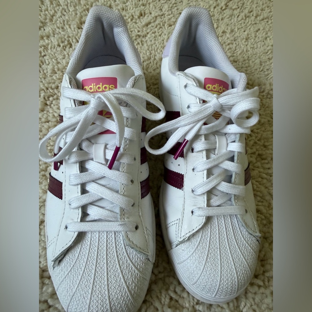 Adidas Superstar White and Burgundy Sneakers - Picture 4 of 8